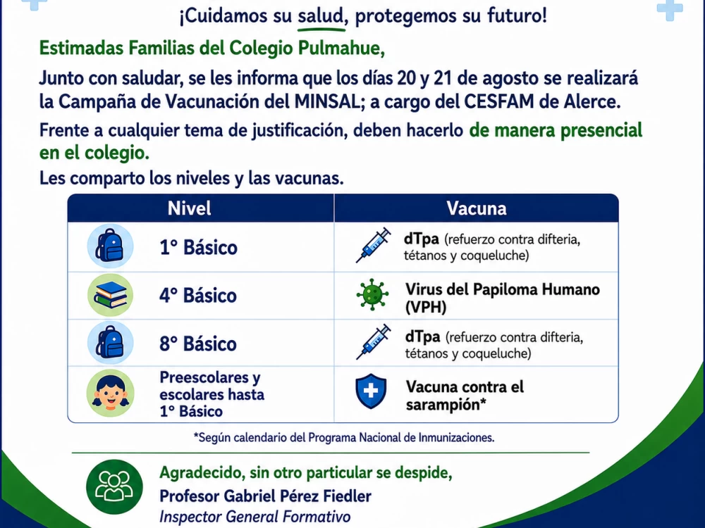 COLEGIO PULMAHUE VACUNACIÓN ESCOLAR POR NIVEL EDUCATIVO 2026