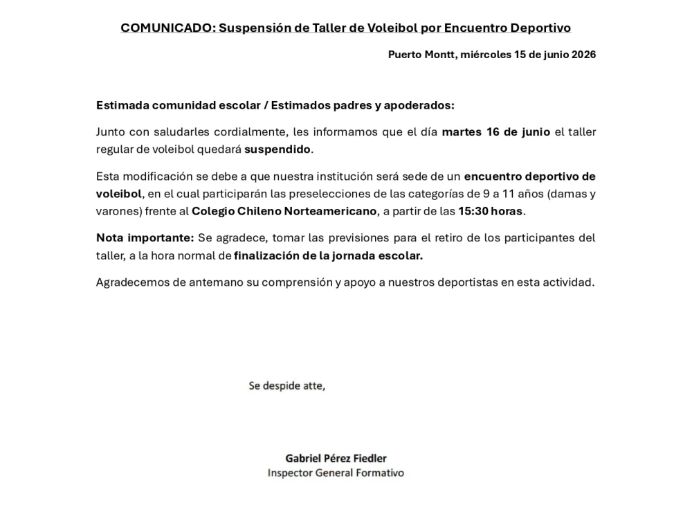 COMUNICADO: Suspensión de Taller de Voleibol por Encuentro Deportivo