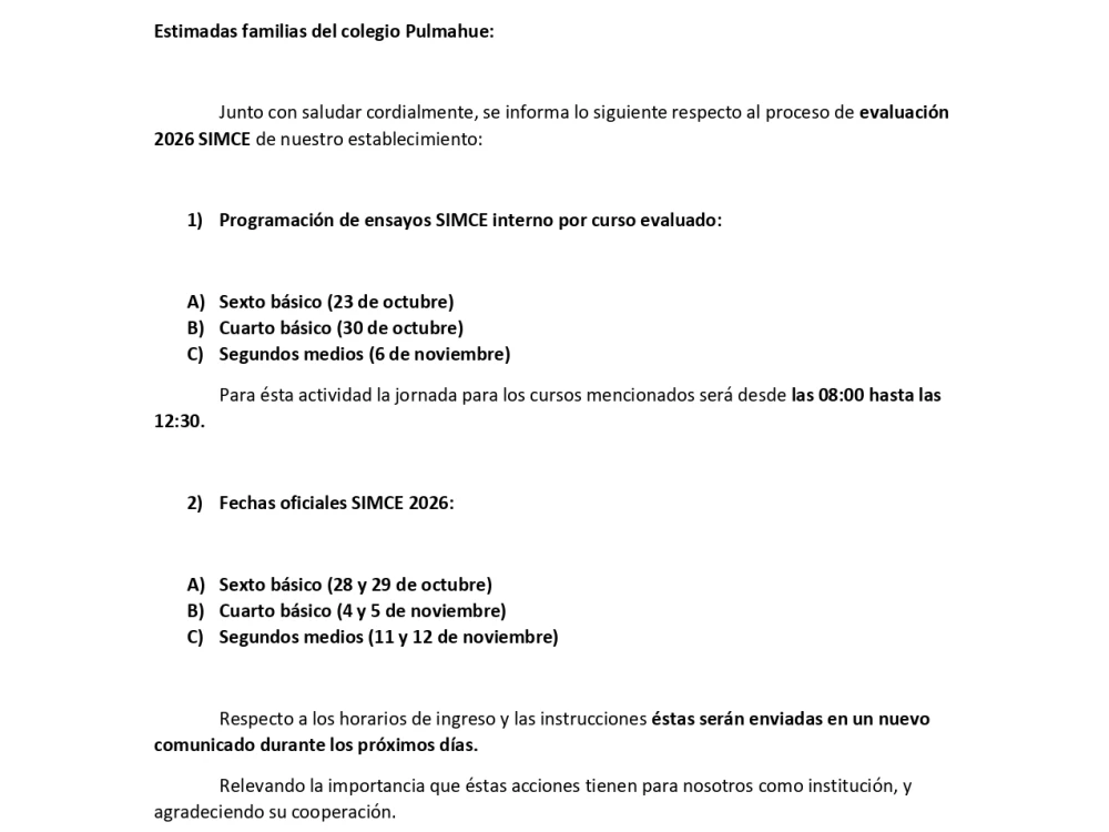 Comunicado Oficial 42 14-10-2026 (Ensayos y fechas SIMCE)
