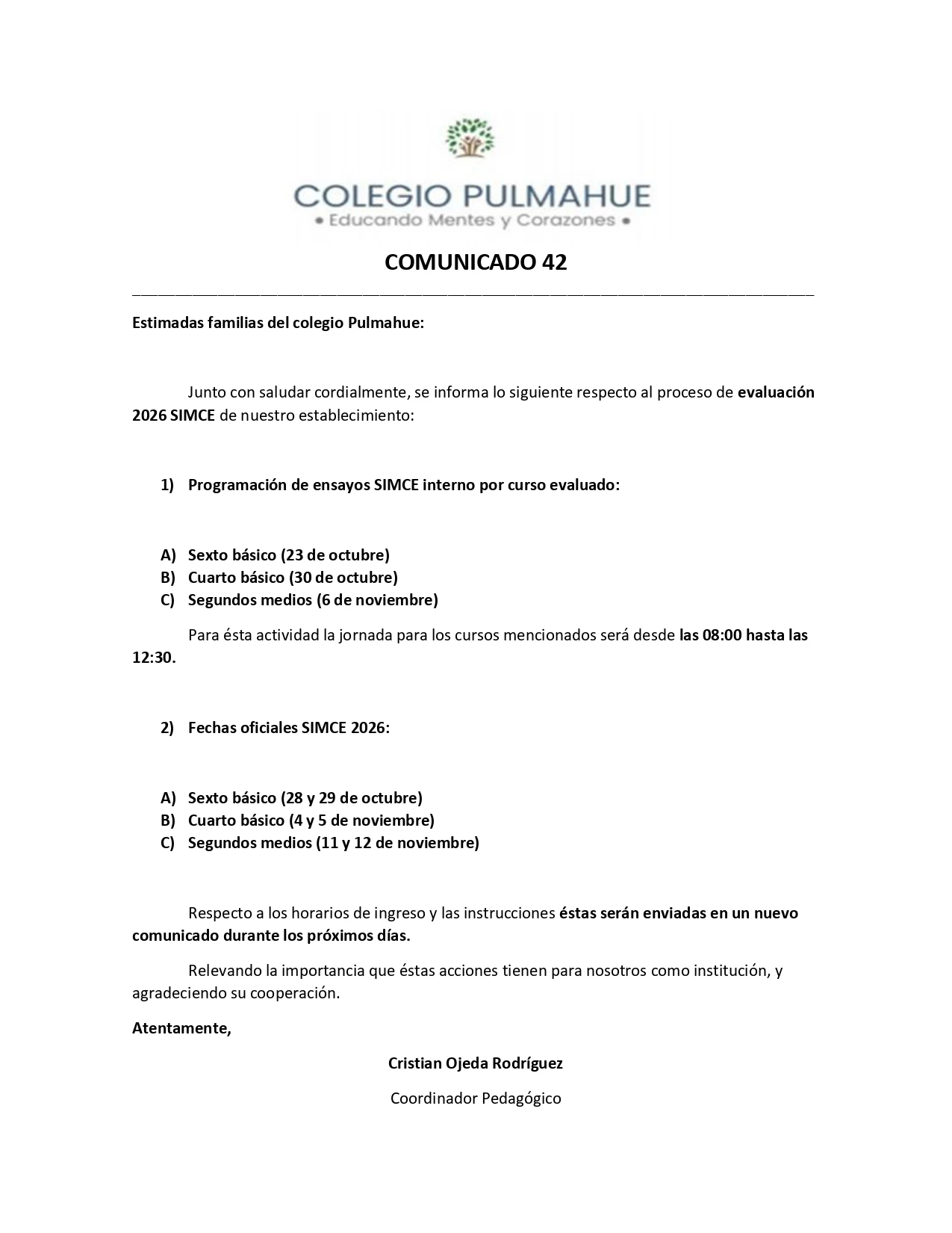 Imagen de la noticia: Comunicado Oficial 42 14-10-2026 (Ensayos y fechas SIMCE)