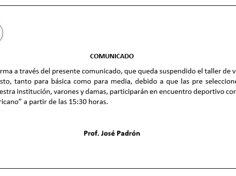 Comunicado: Suspensión de taller de Voleibol 18 Agosto