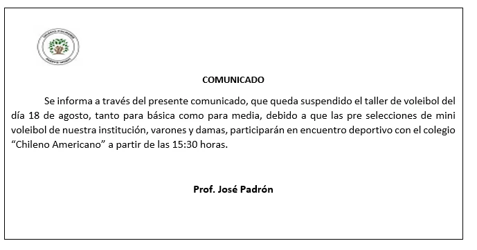 Imagen de la noticia: Comunicado: Suspensión de taller de Voleibol 18 Agosto