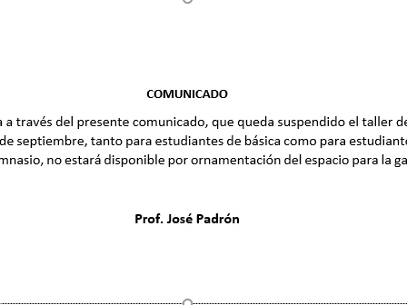 Comunicado Taller de Voleibol